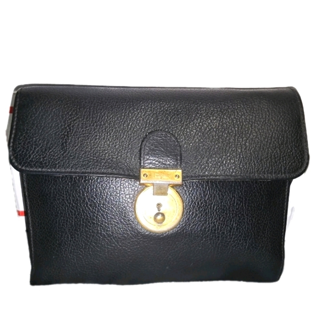 Vintage Salvatore Ferragamo Black Leather Clutch with Gold Lock And 2 Keys